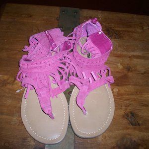 Minnetonka Sandals Size 7 Pink Leather Gladiator Style Fringe Back Zipper Shoes